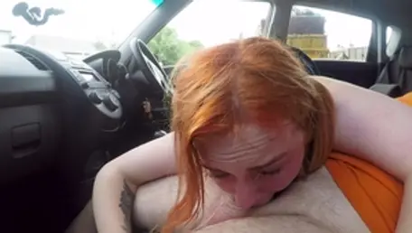 FakeDrivingSchool: Redhead Harley Morgan doggy sex in a car
